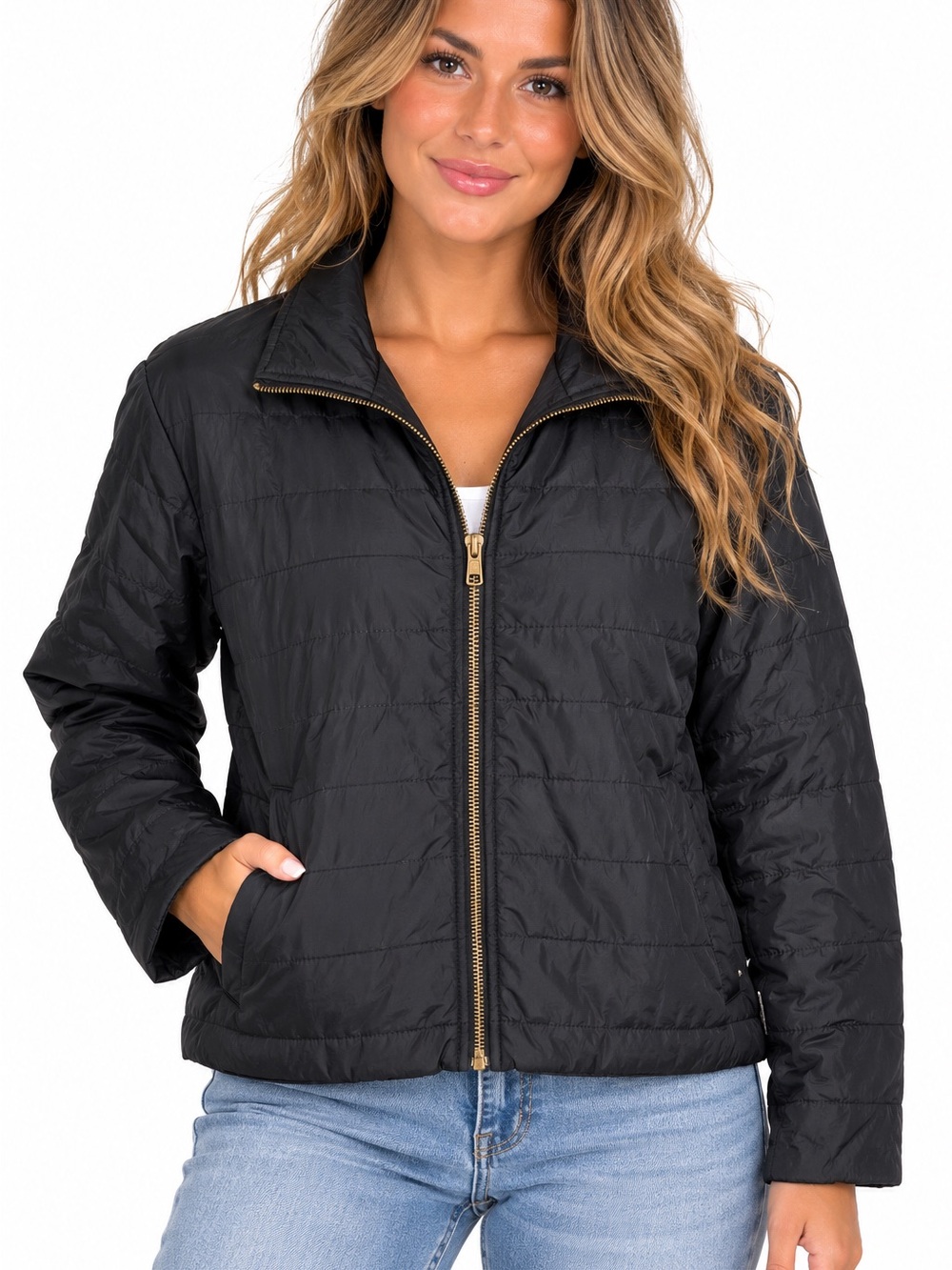 Umgee Black Quilted Bomber Jacket with Gold Zipper